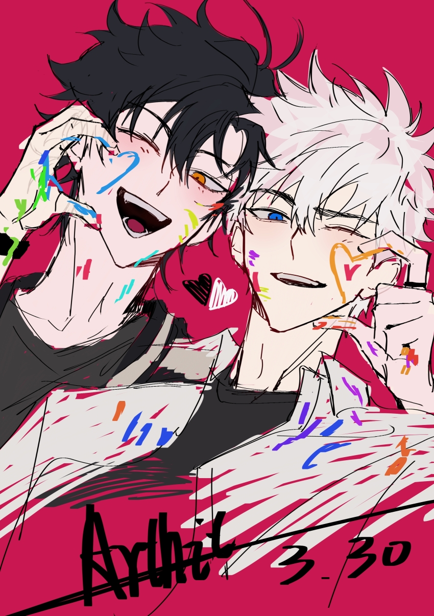 2boys ;d absurdres artist_name black_hair black_shirt blue_eyes cheng_xiaoshi hair_between_eyes hand_up heart highres jacket looking_at_viewer lu_guang male_focus mrsseven745 multiple_boys one_eye_closed open_clothes open_jacket open_mouth orange_eyes paint paint_splatter paint_splatter_on_face pink_background red_background shiguang_dailiren shirt short_hair signature simple_background sketch smile spiked_hair teeth upper_body white_hair white_jacket yaoi yellow_eyes