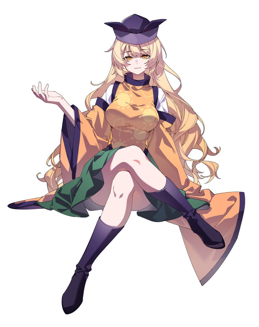 1girl artist_request black_boots blonde_hair boots breasts closed_mouth commentary_request constellation_print crossed_legs detached_sleeves full_body green_skirt hat highres light_smile long_hair long_sleeves looking_at_viewer matara_okina orange_sleeves orange_tabard psd_available second-party_source skirt solo sun_print tabard tachi-e touhou transparent_background very_long_hair wide_sleeves yellow_eyes