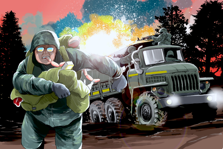 4boys bottle combat_helmet commentary commentary_request cuffs english_commentary explosion food food_in_mouth glasses gloves green_bag green_hat green_jacket green_pants grey_gloves gun handcuffs hat helmet holding holding_gun holding_weapon jacket kalashnikov_rifle matsuda_juukou meat military military_combat_uniform military_truck military_uniform military_vehicle motor_vehicle multiple_boys nose opaque_glasses original outdoors pants running russo-ukrainian_war sausage tree truck ukrainian_ground_forces ural_4320 weapon