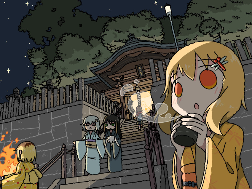 6+girls black_hair blonde_hair cup dragonfly_hair_ornament emesan_desu fire green_eyes grey_hair grey_kimono hair_ornament hatsumoude highres holding holding_cup jacket japanese_clothes kimono long_hair long_sleeves multiple_girls new_year night open_clothes open_jacket orange_eyes original scenery shrine stairs standing star_(sky) steam tea wide_shot wide_sleeves yellow_kimono yunomi