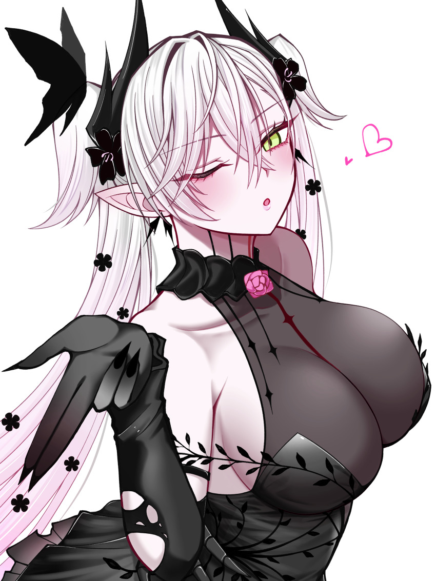 1girl absurdres bare_shoulders black_dress black_hands blowing_kiss blush body_markings breasts colored_extremities crossed_bangs demon_girl demon_horns detached_sleeves dress earrings fate/grand_order fate_(series) green_eyes grey_hair hair_between_eyes highres horns jewelry large_breasts lilith_(fate) lilith_(fgo_fes._2025)_(fate) long_hair looking_at_viewer mcpc_zamurai one_eye_closed open_mouth pointy_ears see-through_cleavage see-through_clothes solo twintails very_long_hair