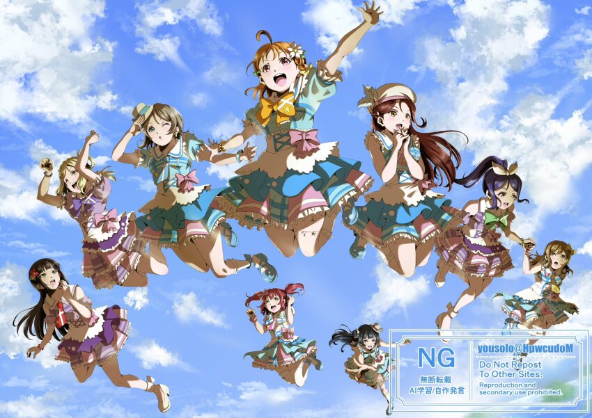 6+girls :d ;o ahoge aqua_eyes arms_up beret black_hair blonde_hair blue_dress blue_eyes blue_hair blue_sky blunt_bangs bow braid brown_hair clenched_hands cloud commentary_request crown_braid day dress everyone falling flower frilled_dress frilled_socks frills grey_hair hair_bow hair_flower hair_ornament hair_rings hat high_ponytail highres kimi_no_kokoro_wa_kagayaiteru_kai? kunikida_hanamaru kurosawa_dia kurosawa_ruby long_hair looking_at_another love_live! love_live!_sunshine!! matsuura_kanan medium_hair mini_hat mini_top_hat mole mole_under_mouth multiple_girls ohara_mari one_eye_closed one_side_up open_mouth orange_hair outstretched_arms ponytail puffy_short_sleeves puffy_sleeves purple_dress red_eyes red_flower red_hair sakurauchi_riko short_dress short_sleeves sidelocks single_hair_ring sky sleeveless sleeveless_dress smile socks spread_arms takami_chika teeth tilted_headwear top_hat tsushima_yoshiko two_side_up upper_teeth_only watanabe_you watermark white_flower white_hat white_socks yellow_bow yellow_eyes yousolo