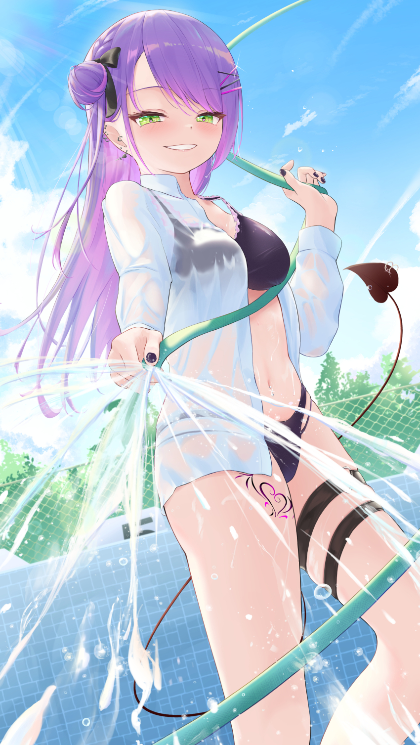 absurdres bikini black_bikini black_nails blush cowboy_shot demon_girl demon_tail double_bun ear_piercing green_eyes hair_bun highres holding holding_hose hololive hose long_hair makushiro_081 outdoors parted_lips piercing pool purple_hair see-through_clothes see-through_shirt shirt smile summer swimsuit tail tokoyami_towa virtual_youtuber water wet wet_clothes wet_shirt white_shirt