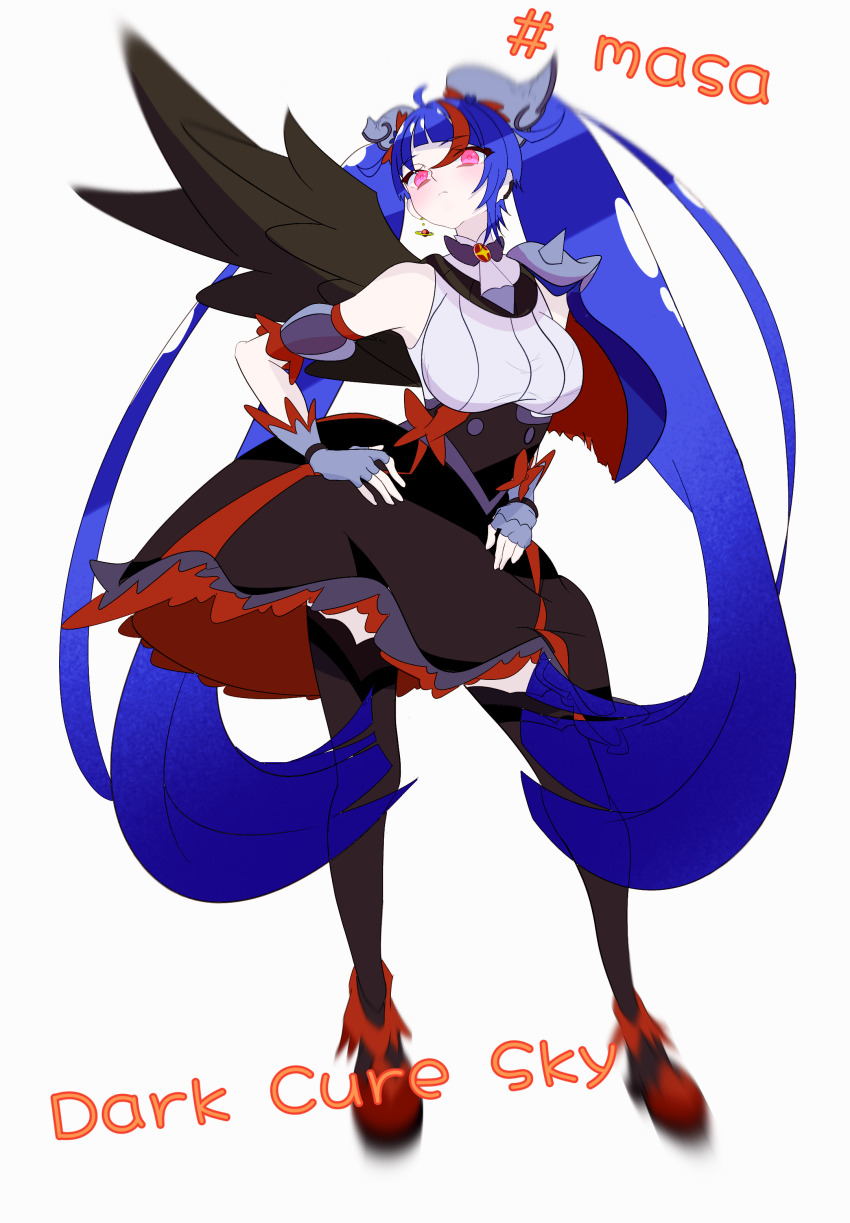 1girl absurdres aged_up ankle_boots armor artist_name black_dress black_thighhighs black_wings blue_cape blue_hair boots bow brooch cape character_name closed_mouth commentary cure_sky cure_sky_(dark) cut_bangs dark_persona detached_sleeves dress dress_bow earclip earrings feathered_wings frown full_body gloves grey_dress grey_gloves hair_ornament hands_on_own_hips head_tilt highres hirogaru_sky!_precure jewelry leaning_forward long_hair looking_at_viewer magical_girl masa1126557 multicolored_dress multicolored_hair pauldrons precure red_boots red_cape red_dress red_eyes red_hair shoulder_armor simple_background single_earring single_pauldron single_wing sleeveless sleeveless_dress solo sora_harewataru spiked_pauldrons standing streaked_hair thighhighs torn_cape torn_clothes twintails two-tone_cape very_long_hair white_background wing_brooch wing_hair_ornament wings