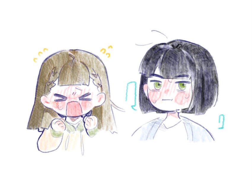 &gt;_&lt; 2girls :i averting_eyes black_hair blue_cardigan blunt_bangs blunt_ends blush braid brown_hair cardigan center-flap_bangs clenched_hands closed_mouth commentary cropped_shoulders facing_viewer flying_sweatdrops full-face_blush green_eyes hood hoodie kachimachi_kosuzu kachimachi_kosuzu_(summer_loungewear) link!_like!_love_live! long_hair long_sleeves looking_to_the_side loungewear love_live! momose_ginko momose_ginko_(summer_loungewear) multiple_girls open_cardigan open_clothes open_mouth pipi_(m1x_mix) pout shirt short_hair side_ahoge side_braids sideways_glance simple_background straight_hair sweat symbol-only_commentary virtual_youtuber white_background white_shirt yellow_hoodie