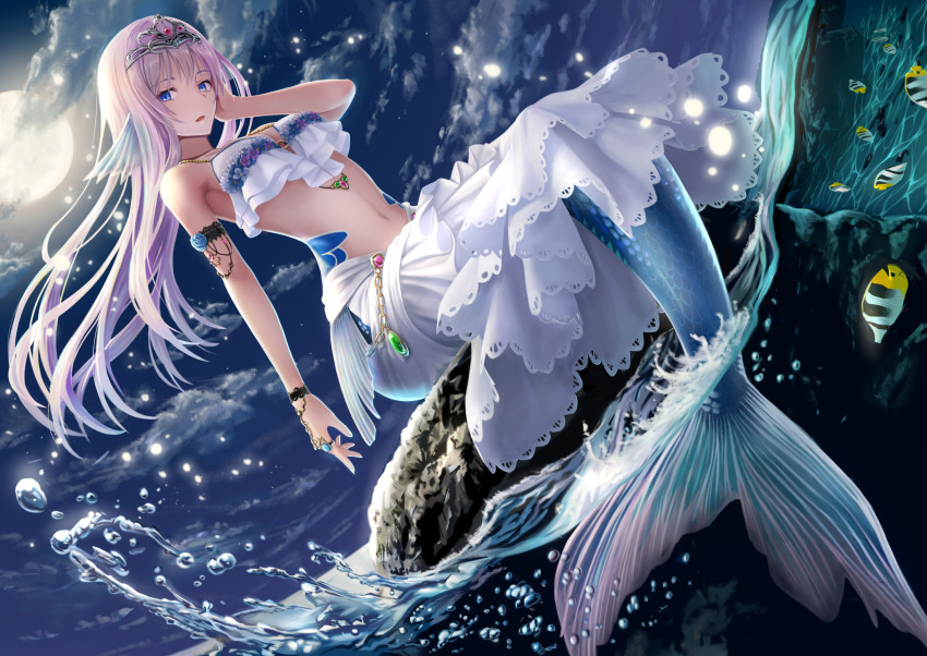 1girl armlet backlighting belly_chain bikini black_sky blue_eyes bracelet breasts cloud cloudy_sky commentary fins fish full_moon grey_headwear hand_in_own_hair head_fins highres horizon jewelry light_particles long_hair looking_at_viewer macha0331 medium_breasts medium_skirt mermaid monster_girl moon navel necklace night night_sky ocean original outdoors parted_lips partially_underwater_shot rock silver_hair sitting skirt sky solo splashing stomach_tattoo swimsuit tattoo tiara water white_bikini white_skirt wind