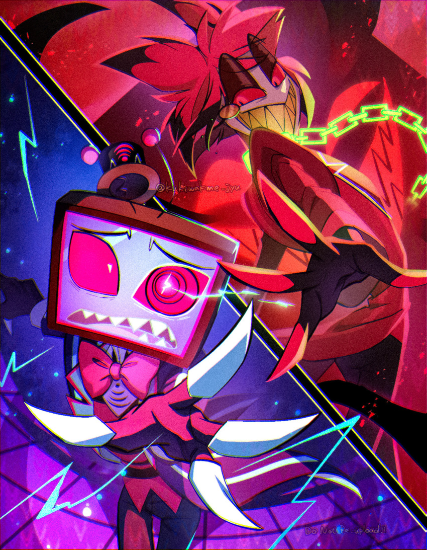 2boys alastor_(hazbin_hotel) animal_ears antlers black_bow black_bowtie black_hair black_hands black_pants bow bowtie bright_pupils chain chain_leash coat colored_extremities colored_sclera colored_skin commentary_request deer_antlers deer_ears electricity grey_skin hat hazbin_hotel highres horns kurimilove leash male_focus mini_hat monocle multicolored_hair multiple_boys object_head pants red_bow red_bowtie red_coat red_eyes red_hair red_sclera red_vest sharp_teeth shirt short_hair split_theme striped_coat teeth tentacles tinted_eyewear twitter_username two-tone_hair vertical-striped_coat vest vox_(hazbin_hotel) white_pupils white_shirt wi-fi_symbol yellow-tinted_eyewear yellow_teeth
