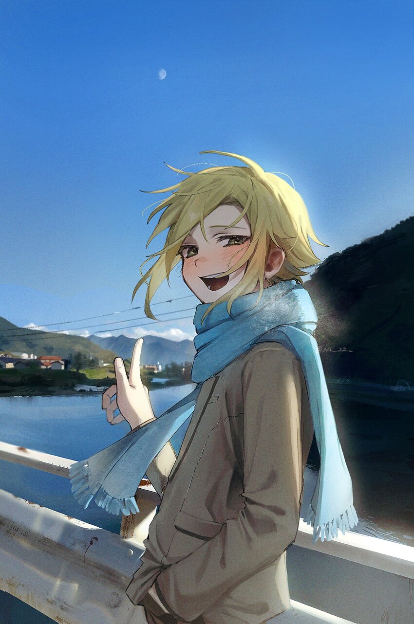 1boy blonde_hair blue_scarf blue_sky blush breath cloud commentary_request day green_eyes grey_jacket hand_in_pocket highres jacket long_sleeves looking_at_viewer male_focus moon ni_22 nijisanji open_mouth outdoors pointing railing scarf sky solo uzuki_kou virtual_youtuber