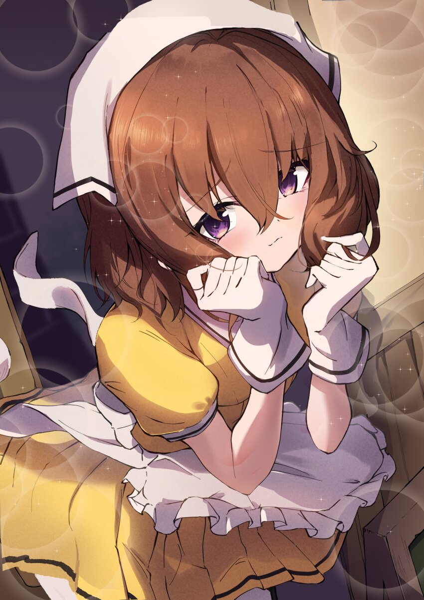 1girl absurdres apron bandana beautyful blend_s blush brown_hair child closed_mouth commentary_request cowboy_shot gloves hair_between_eyes highres hoshikawa_mafuyu kootee-on leaning_forward looking_at_viewer pleated_skirt purple_eyes shirt short_hair short_sleeves skirt solo standing stile_uniform thighhighs waist_apron white_bandana white_gloves white_thighhighs yellow_shirt yellow_skirt