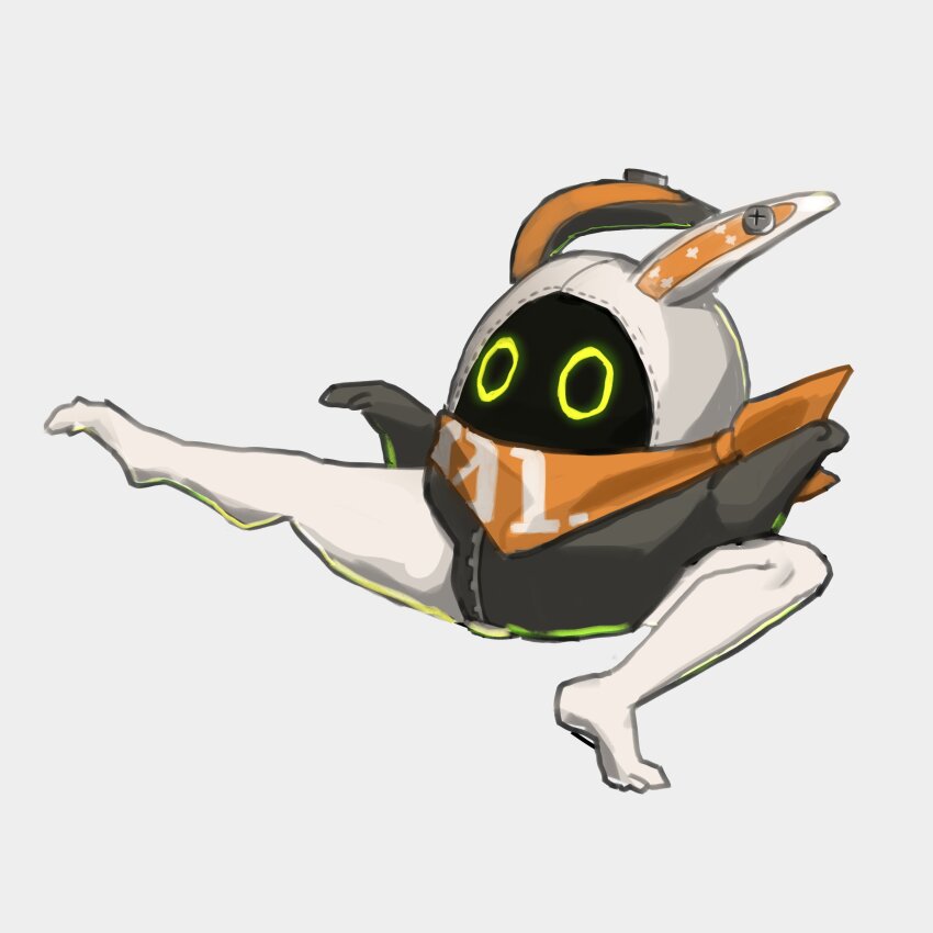absurdres animal_ears bangboo_(zenless_zone_zero) commentary_request eous_(zenless_zone_zero) full_body grey_background highres jumping kanana_no_e kicking meme nintendo no_humans rabbit_ears simple_background smash_64_pikachu_kick_(meme) super_smash_bros. zenless_zone_zero
