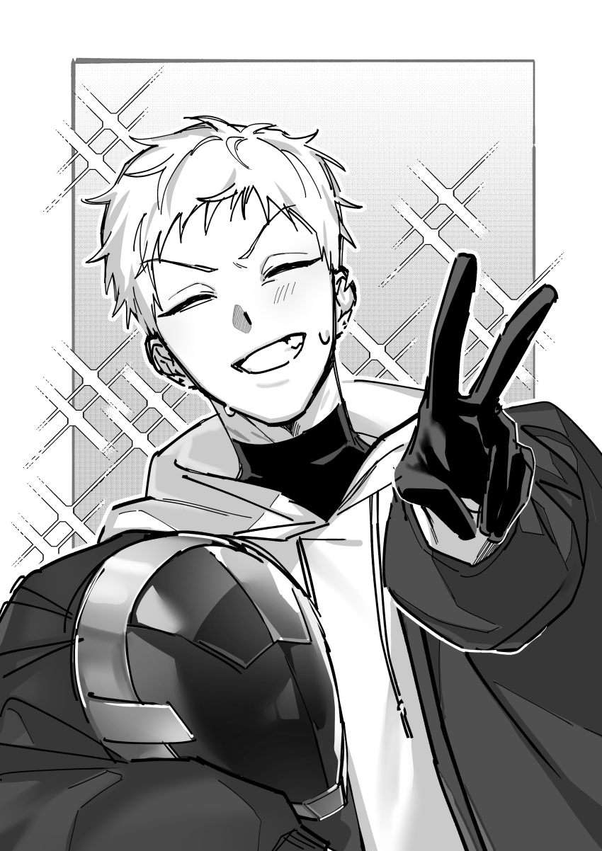 1boy absurdres alien_stage awawawawaw0419 closed_eyes commentary facing_viewer gloves greyscale helmet highres holding holding_helmet hood hoodie jacket jacket_over_hoodie male_focus monochrome short_hair smile solo sparkle sparkling_aura till_(alien_stage) turtleneck upper_body v very_short_hair