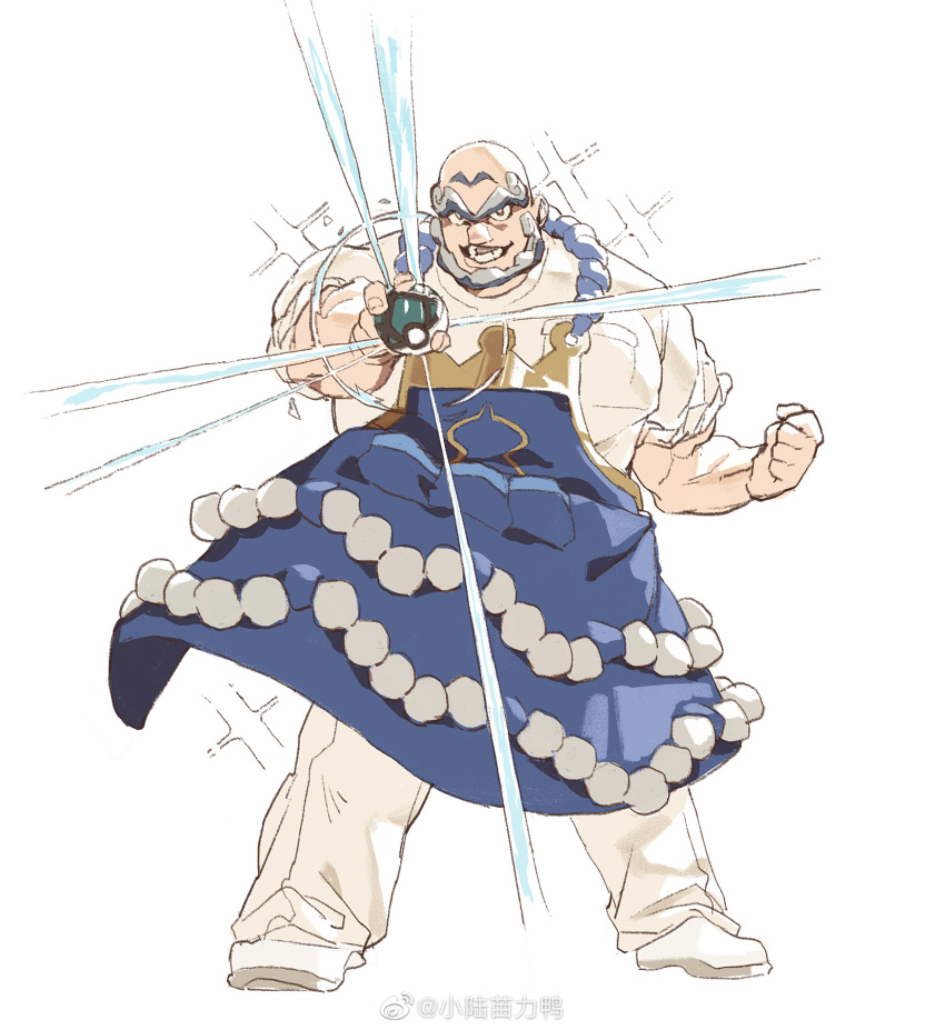 1boy apron bald bara beard blue_hair facial_hair highres kofu_(pokemon) looking_at_viewer male_focus multicolored_hair muscular muscular_male nintendo old old_man open_mouth pectorals pokemon pokemon_sv shirt short_hair smile solo unibrow white_hair white_shirt xiaolumiaoliya