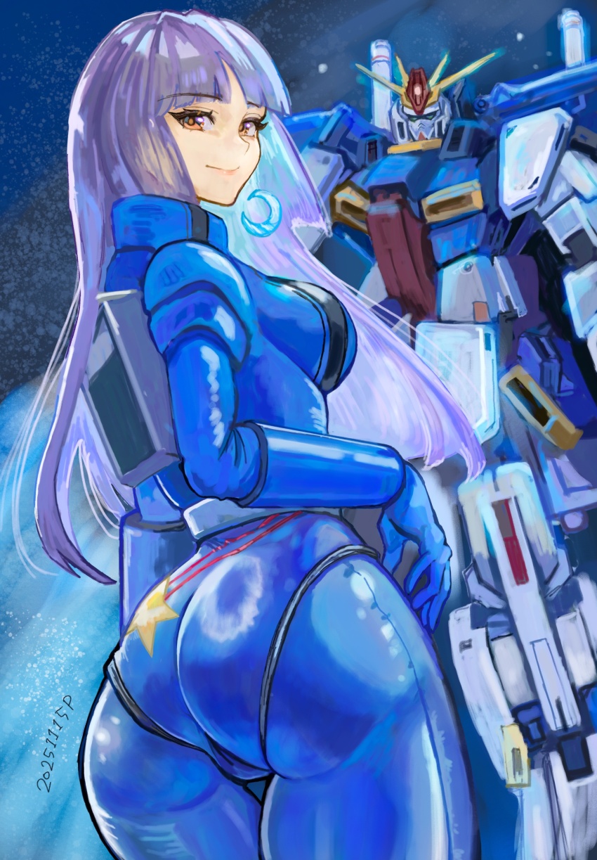 1girl absurdres ass blue_jumpsuit blue_sky breasts gundam gundam_zz highres hime_cut jumpsuit long_hair looking_at_viewer looking_back mecha mobile_suit okrdisk2000 purple_hair robot roux_louka sky smile solo very_long_hair zeta_gundam_(mobile_suit)