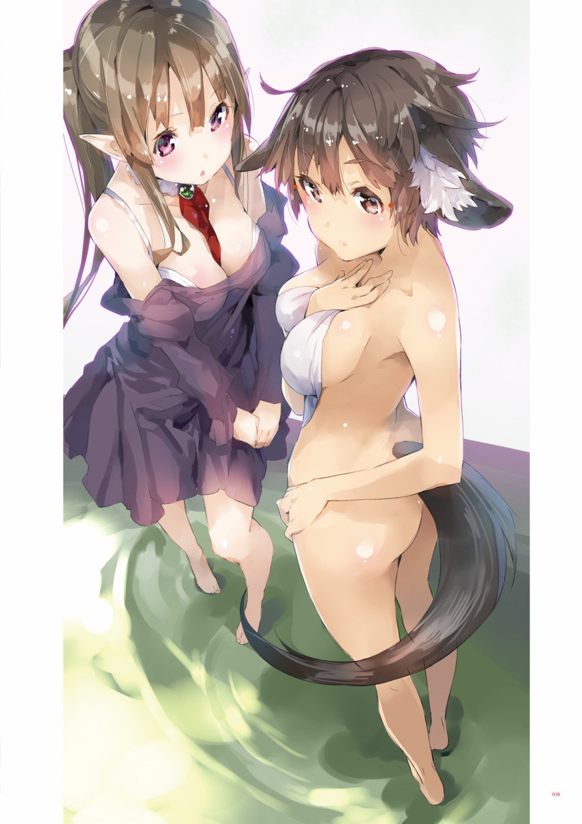 2girls animal_ears arm_between_breasts ass barefoot between_breasts bow bowtie breasts brown_eyes brown_hair covering_privates dress elbia_hernaiman elf foreshortening hand_on_own_chest highres jewelry legs long_hair multiple_girls myucel_foalan nude nude_cover off-shoulder_dress off_shoulder outbreak_company pointy_ears purple_eyes short_hair sidelocks standing tail towel twintails yuugen