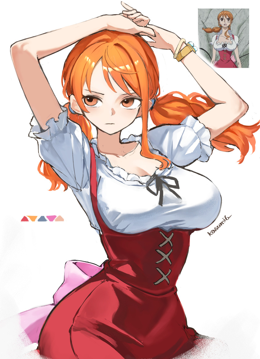 1girl :| absurdres alternate_costume alternate_hairstyle anime_screenshot_inset arms_up artist_name bracelet breasts closed_mouth commentary_request dirndl dress german_clothes highres jewelry kasumi_6 large_breasts log_pose long_hair nami_(one_piece) official_alternate_costume official_alternate_hairstyle one_piece orange_eyes orange_hair own_hands_together partial_commentary puffy_short_sleeves puffy_sleeves red_dress reference_inset ribbon-trimmed_shirt ribbon_trim shirt short_sleeves simple_background sleeveless sleeveless_dress twintails white_background white_shirt