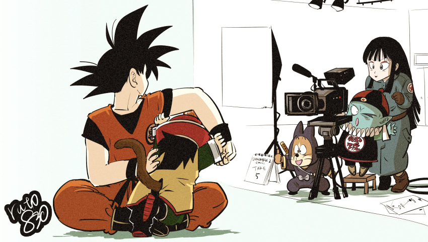 1girl 4boys black_hair black_shirt blue_coat blue_skin camera coat colored_skin copyright_name dog dougi dragon_ball dragon_ball_(classic) dragonball_z eyeshadow highres looking_back mai_(dragon_ball) makeup monkey_tail multiple_boys one_eye_closed orange_pants orange_shirt pants pilaf recording red_eyeshadow ruto830 scene_reference shirt shuu_(dragon_ball) son_gohan son_goku spiked_hair studio tail