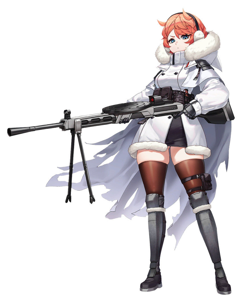 1girl absurdres antenna_hair armored_boots armored_gloves bipod black_boots black_gloves blue_eyes boots breasts brown_thighhighs buttons cape check_weapon closed_mouth coat d-log double-breasted earmuffs full_body fur-trimmed_coat fur-trimmed_hood fur_trim gloves gluteal_fold gun high_collar highres holding holding_gun holding_weapon hood knee_boots knee_pads last_origin legs_apart light_machine_gun looking_at_viewer machine_gun medium_breasts mole mole_on_ass multicolored_coat official_art orange_hair partially_unzipped pixie_(last_origin) pouch scope short_hair simple_background skindentation solo standing tachi-e thick_thighs thigh_pouch thighhighs thighs third-party_source torn_cape torn_clothes transparent_background trigger_discipline two-tone_coat v-shaped_eyebrows weapon weapon_request white_cape white_coat white_fur zettai_ryouiki