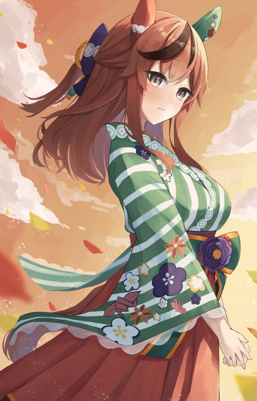 1girl absurdres animal_ears blurry blurry_background blush brown_eyes collarbone commentary_request ear_covers fidgeting hair_ornament highres horse_ears horse_girl japanese_clothes kimono long_hair looking_at_viewer medium_hair nice_nature_(converging_wishes)_(umamusume) nice_nature_(umamusume) official_alternate_costume official_alternate_hairstyle open_mouth outdoors red_hair sakura_nekko shrine solo sparkle umamusume