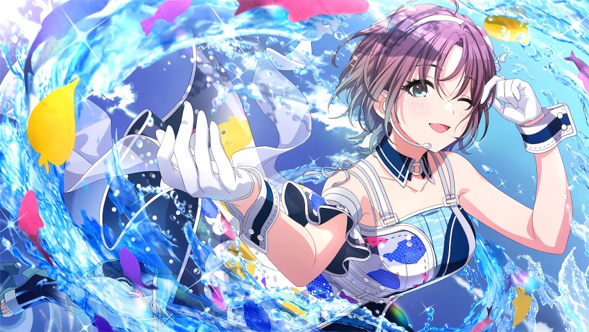 1girl absurdres asakura_toru bad_link bare_shoulders blush dress earrings fish gloves hair_ornament highres idolmaster idolmaster_shiny_colors jewelry multicolored_dress official_art open_mouth suspenders water waves white_gloves