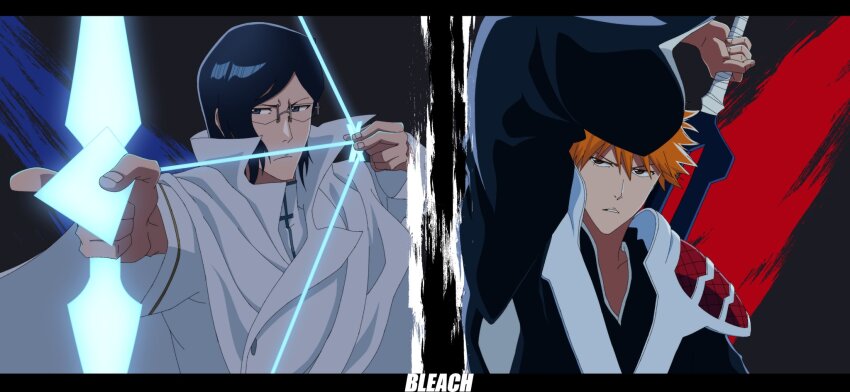 2boys anime_coloring arm_up armor black_background black_hair black_kimono bleach bleach:_sennen_kessen-hen blue_eyes bow_(weapon) brown_eyes cape closed_mouth commentary_request copyright_name energy_weapon fighting_stance foreshortening frown glasses hair_between_eyes highres holding holding_bow_(weapon) holding_sword holding_weapon ishida_uryuu japanese_clothes kimono kurosaki_ichigo long_sleeves looking_at_viewer male_focus medium_hair multiple_boys official_artist_extra official_style orange_hair parted_bangs parted_lips serious sha11021997 shikai shirt short_hair shoulder_armor simple_background spiked_hair sword true_zangetsu_(shikai) tsurime upper_body v-shaped_eyebrows weapon white_cape white_shirt wide_sleeves