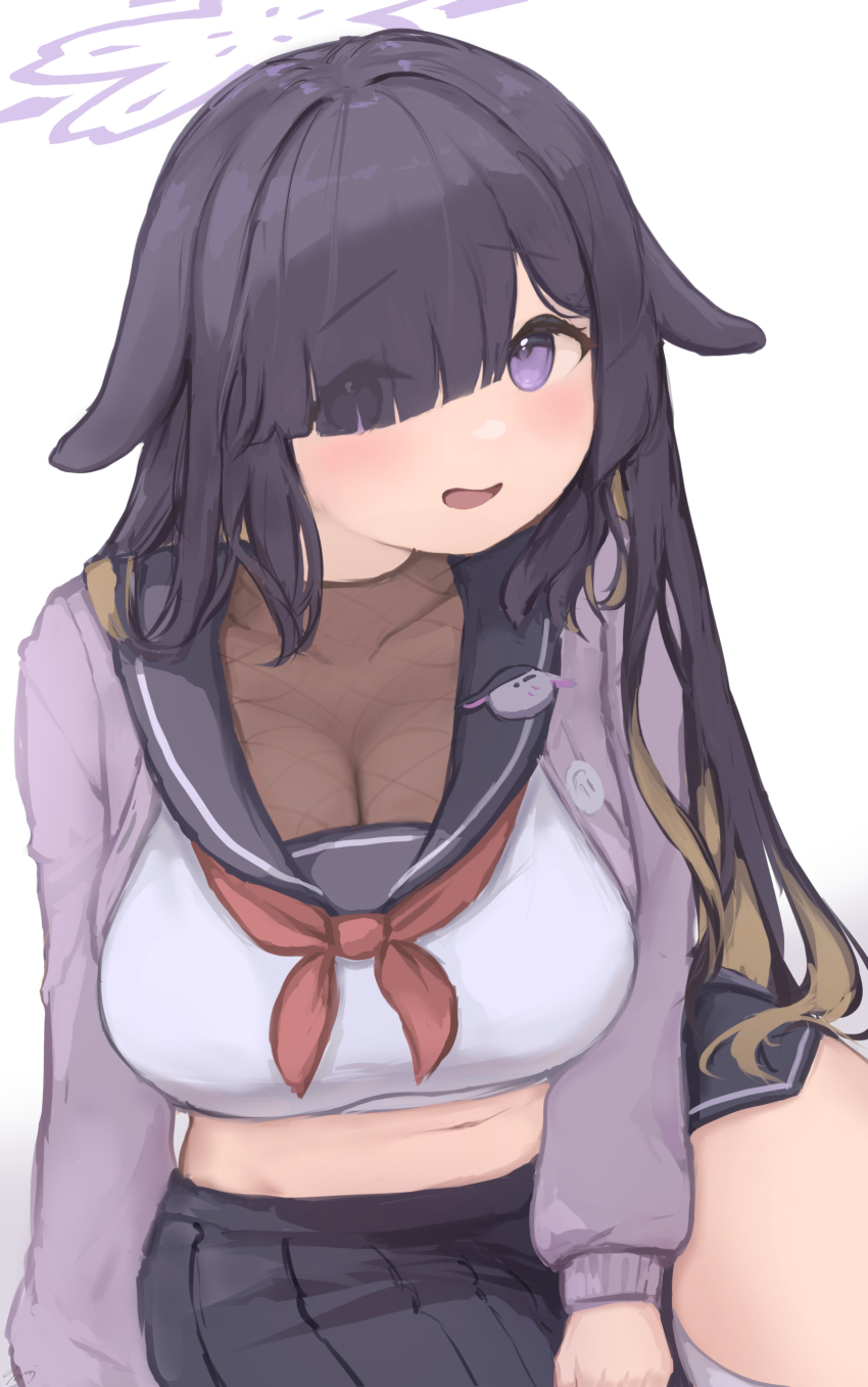 1girl absurdres animal_ears black_hair black_sailor_collar black_skirt blonde_hair blue_archive blunt_bangs blush breasts cardigan cleavage colored_inner_hair commentary cowboy_shot crop_top eyes_visible_through_hair floppy_ears hair_over_one_eye hair_over_shoulder halo highres large_breasts long_bangs long_hair long_sleeves looking_at_viewer midriff miniskirt multicolored_hair navel neckerchief open_cardigan open_clothes open_mouth pleated_skirt purple_cardigan purple_eyes purple_halo rabbit_ears rabbit_girl red_neckerchief sailor_collar shirt simple_background skirt smile solo straight_hair tareme teruriu tsukuyo_(blue_archive) two-tone_hair white_background white_shirt