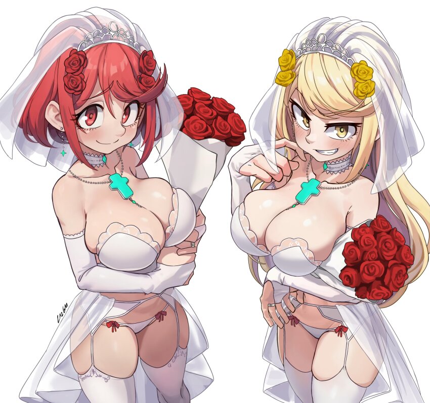 2girls alternate_costume blonde_hair blush bouquet breasts bridal_gauntlets bridal_lingerie bridal_veil cleavage detached_sleeves dress dual_persona earrings female_focus flower garter_belt garter_straps hand_on_own_chest highres holding holding_bouquet jewelry large_breasts laz_gm lingerie looking_at_viewer matching_hair/eyes multicolored_hair multiple_girls mythra_(xenoblade) nintendo open_mouth panties pyra_(xenoblade) red_eyes red_hair rose see-through_clothes see-through_veil smile star_(symbol) symbol-shaped_pupils teeth thighhighs underwear veil wedding_dress white_background white_panties white_thighhighs xenoblade_chronicles_(series) xenoblade_chronicles_2 yellow_eyes