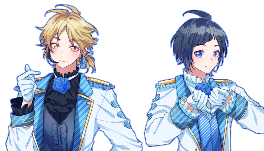 2boys absurdres ascot black_ascot black_shirt blue_eyes blue_flower blue_hair blue_rose closed_mouth coat colored_lapels commentary dark_blue_hair diagonal_bangs finger_heart flower frilled_shirt frilled_sleeves frilled_vest frills gloves grey_vest heart highres idol_clothes kokuhaku_jikkou_iinkai lapels long_sleeves looking_at_viewer looking_to_the_side male_focus multiple_boys open_clothes open_coat ponytail rose shibasaki_aizou shirt short_hair short_ponytail shoulder_boards simple_background someya_yuujirou sophia_pie_12 upper_body vest white_background white_coat white_gloves white_shirt yellow_eyes yellow_trim