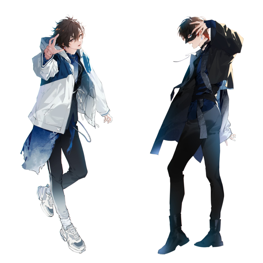 1boy amatsuki_(utaite) arm_at_side arm_up bishounen black_footwear black_jacket black_pants black_shirt brown_hair chain earrings full_body highres indie_utaite jacket jewelry kazari_tayu long_sleeves looking_at_viewer male_focus mask multiple_views official_art open_mouth pants reaching reaching_towards_viewer shirt shoes short_hair simple_background sneakers standing standing_on_one_leg utaite white_background white_footwear white_jacket