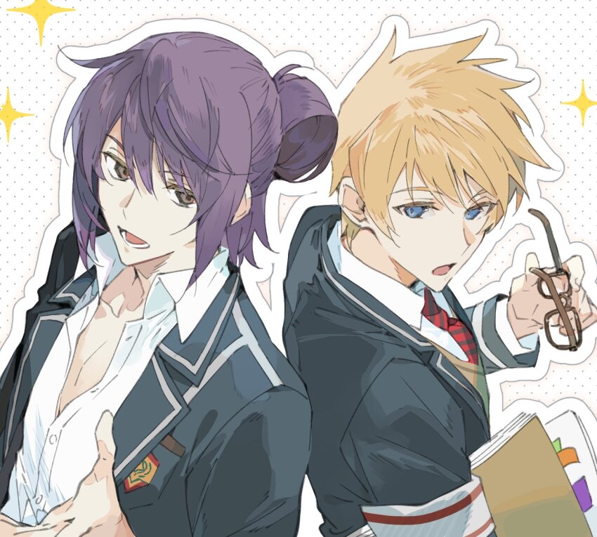 1boy 2boys alternate_costume armband black_hair black_jacket blazer blonde_hair blue_eyes book brown_eyes collared_shirt diagonal-striped_clothes diagonal-striped_necktie flynn_scifo flynn_scifo_(student_body_president) hair_rings highres holding holding_book holding_removed_eyewear jacket long_hair looking_at_another male_focus multiple_boys necktie official_alternate_costume open_clothes open_jacket open_mouth red_necktie school_uniform shirt short_hair simple_background single_hair_ring sparkle striped_clothes tales_of_(series) tales_of_vesperia unworn_eyewear vest white_armband white_shirt xing_20 yellow_vest yuri_lowell yuri_lowell_(reliable_senior)