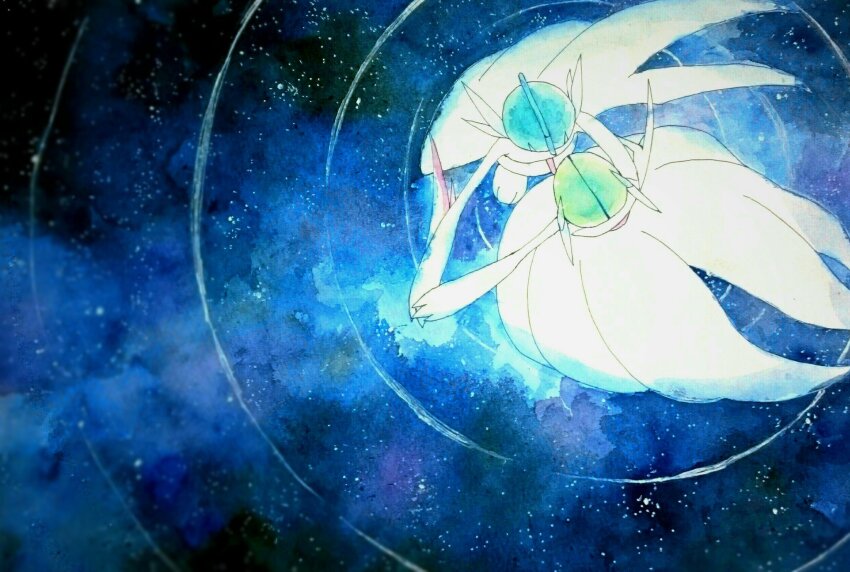 blue_sketch247 bob_cut cape colored_skin commentary_request dancing dress gallade gardevoir gen_3_pokemon gen_4_pokemon green_hair highres mega_gallade mega_gardevoir mega_pokemon nintendo pokemon pokemon_(creature) ripples traditional_media white_cape white_dress white_skin