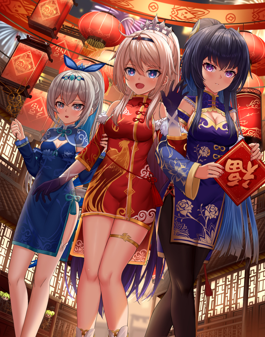3girls absurdres bare_legs black_hair black_pantyhose blue_dress blue_eyes breasts bronya_zaychik china_dress chinese_clothes chinese_new_year clothing_cutout dao_fu dress gloves good_fortune_symbol grey_hair hair_between_eyes hairband highres honkai_(series) honkai_impact_3rd kiana_kaslana long_sleeves medium_breasts multiple_girls open_mouth pantyhose pink_hair ponytail purple_dress purple_eyes purple_gloves raiden_mei red_dress skym_(kumei)
