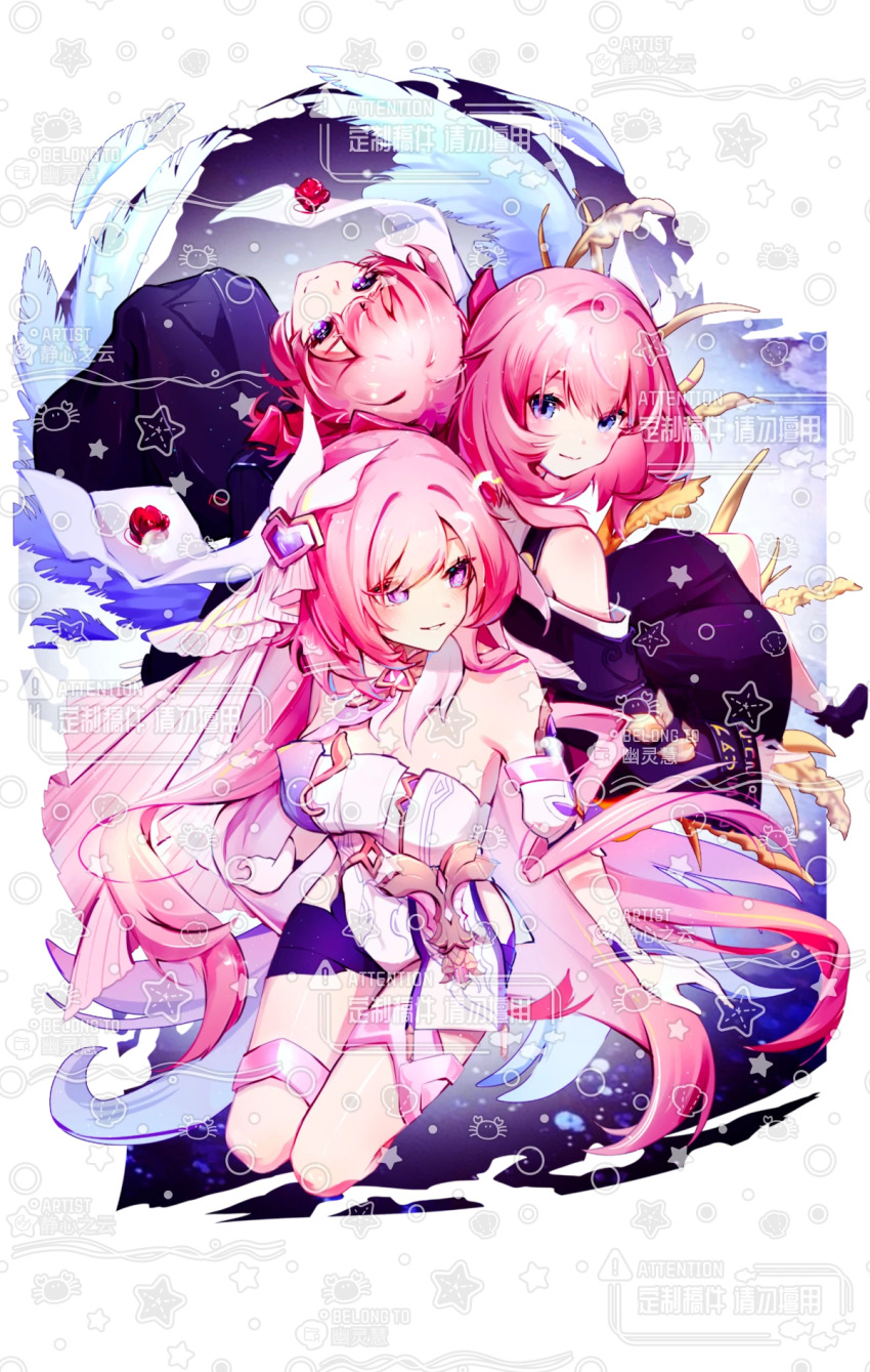 3girls angel_wings black_dress black_shorts blue_eyes breasts coat color_connection company_connection corset cyrene_(honkai:_star_rail) diamond-shaped_pupils diamond_(shape) dress elysia_(herrscher_of_human:_ego)_(honkai_impact) elysia_(honkai_impact) falkenhayn_mercenary_leader_(zenless_zone_zero) hair_color_connection highres honkai:_star_rail honkai_(series) honkai_impact_3rd inoue_marina jingxinzhiyun large_breasts long_hair mihoyo missing_commentary multiple_girls pink_hair purple_coat purple_eyes short_hair shorts symbol-shaped_pupils thigh_strap transparent_background veil very_long_hair voice_actor_connection watermark white_corset white_veil wings yanning zenless_zone_zero