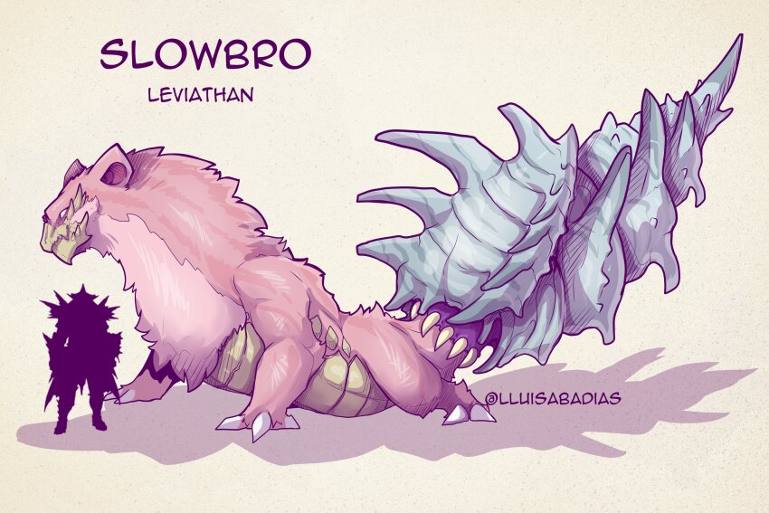 absurdres animal_ears game_freak gen_1_pokemon highres lluisabadias monster_hunter_(series) nintendo pink_background pokemon pokemon_(creature) shell size_comparison slowbro spiked_shell teeth