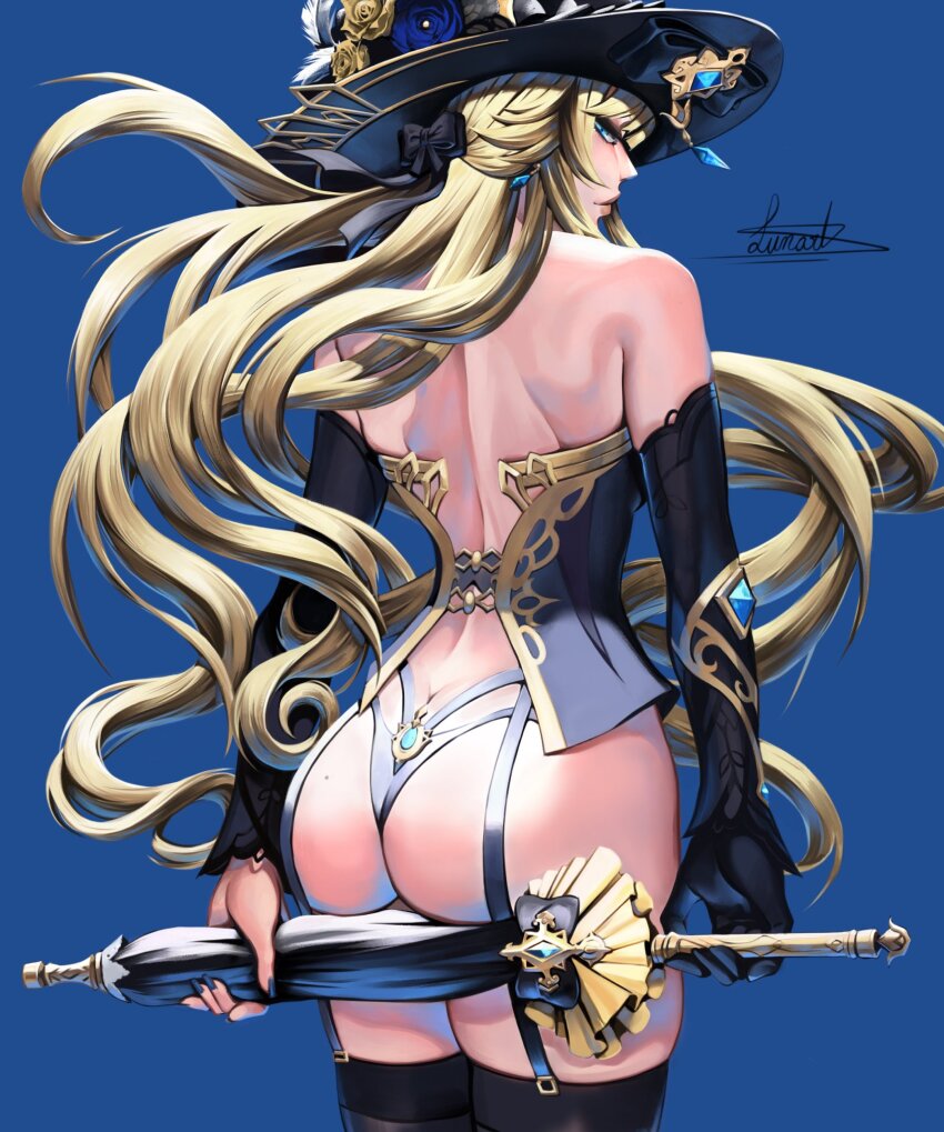 1girl ass bare_shoulders black_corset black_gloves black_hat black_sleeves black_thighhighs blonde_hair blue_background blue_eyes blue_nails bodice butt_crack closed_mouth commentary corset cowboy_shot detached_sleeves english_commentary floating_hair flower from_behind garter_straps genshin_impact gloves hat hat_feather hat_flower highres holding holding_umbrella lips long_hair looking_at_viewer looking_back lunart median_furrow nail_polish navia_(genshin_impact) rose signature single_glove solo thighhighs thong umbrella yellow_flower yellow_rose