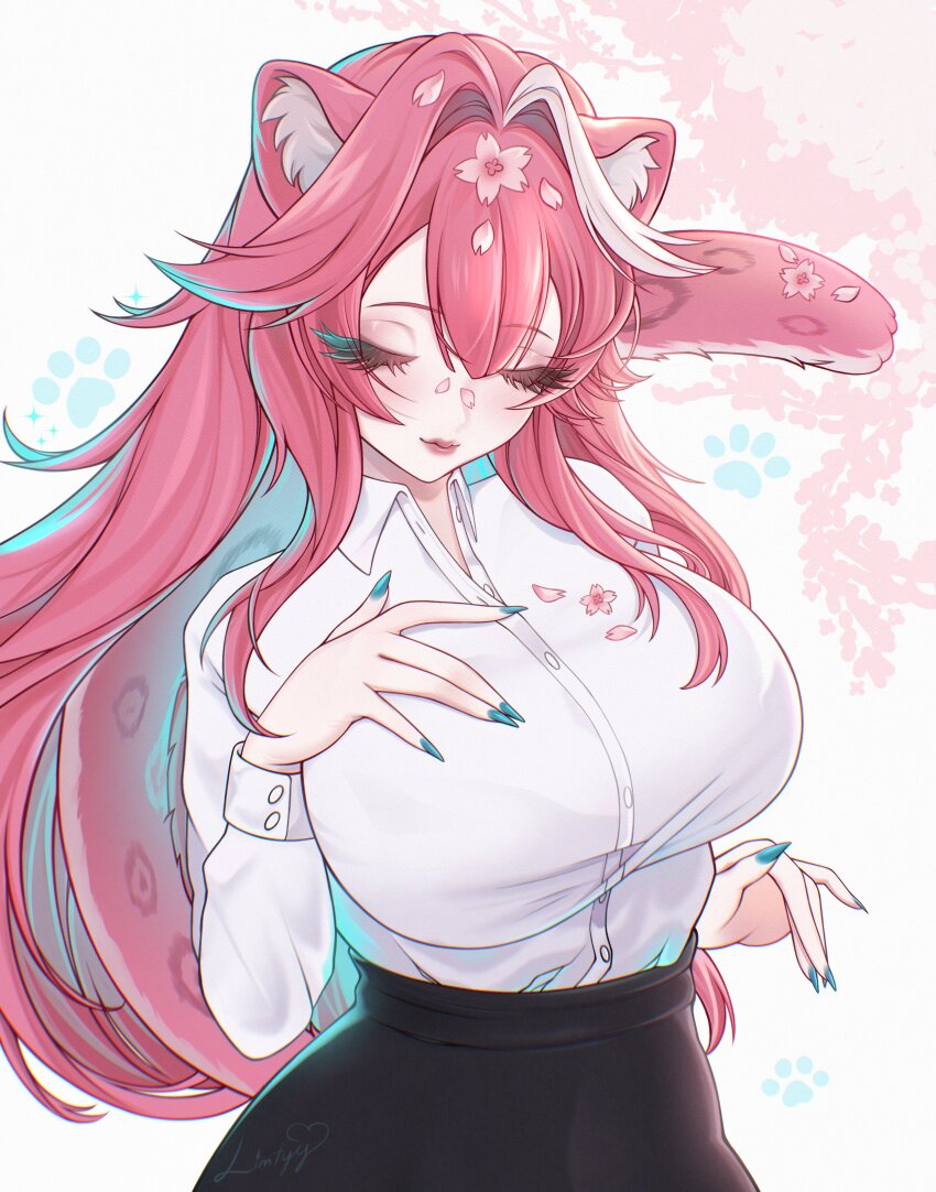 1girl absurdres alternate_costume animal_ears animal_hands aqua_nails artist_name black_skirt blush breasts closed_eyes closed_mouth collared_shirt commentary english_commentary falling_petals fingernails hair_intakes highres hololive hololive_english large_breasts limtyy lips long_eyelashes long_hair long_sleeves multicolored_hair nail_polish panther_ears panther_girl panther_tail petal_on_nose petals pink_hair pink_lips raora_panthera shirt signature skirt smile solo sparkle streaked_hair tail two-tone_hair virtual_youtuber white_hair white_shirt