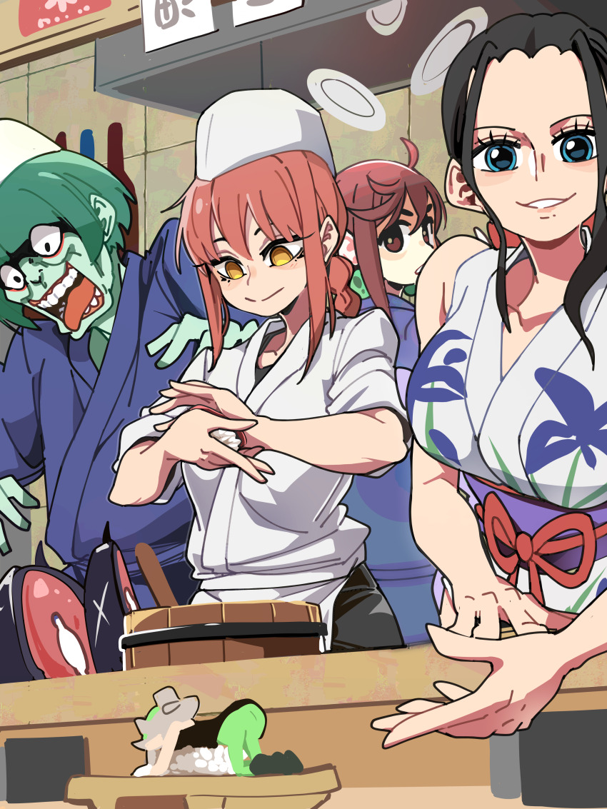 1boy 3girls absurdres alternate_costume ayase_momo black_hair blue_eyes blunt_bangs bongfill breasts brown_eyes brown_hair chainsaw_man collarbone colored_skin crossover dandadan green_hair green_skin highres indoors large_breasts long_hair looking_at_viewer makima_(chainsaw_man) multiple_girls nico_robin nico_robin_(onigashima) nintendo one_piece open_mouth parted_lips petelgeuse_romaneeconti re:zero_kara_hajimeru_isekai_seikatsu red_hair short_hair short_sleeves sleeveless small_breasts splatoon_(series) teeth tongue tongue_out