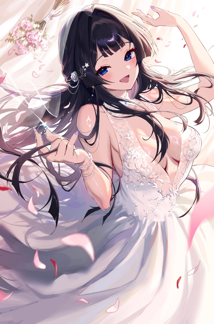 1girl absurdres arm_up black_hair blue_eyes blush bouquet bracelet breasts bridal_veil cleavage commentary_request commission dress floating_hair flower glint hair_flower hair_ornament hand_up highres holding holding_jewelry holding_ring idolmaster idolmaster_million_live! jewelry long_hair looking_at_viewer midnamana mogami_shizuka open_mouth petals pixiv_commission purple_nails ring sleeveless sleeveless_dress smile solo triangle_mouth veil wedding_dress white_dress
