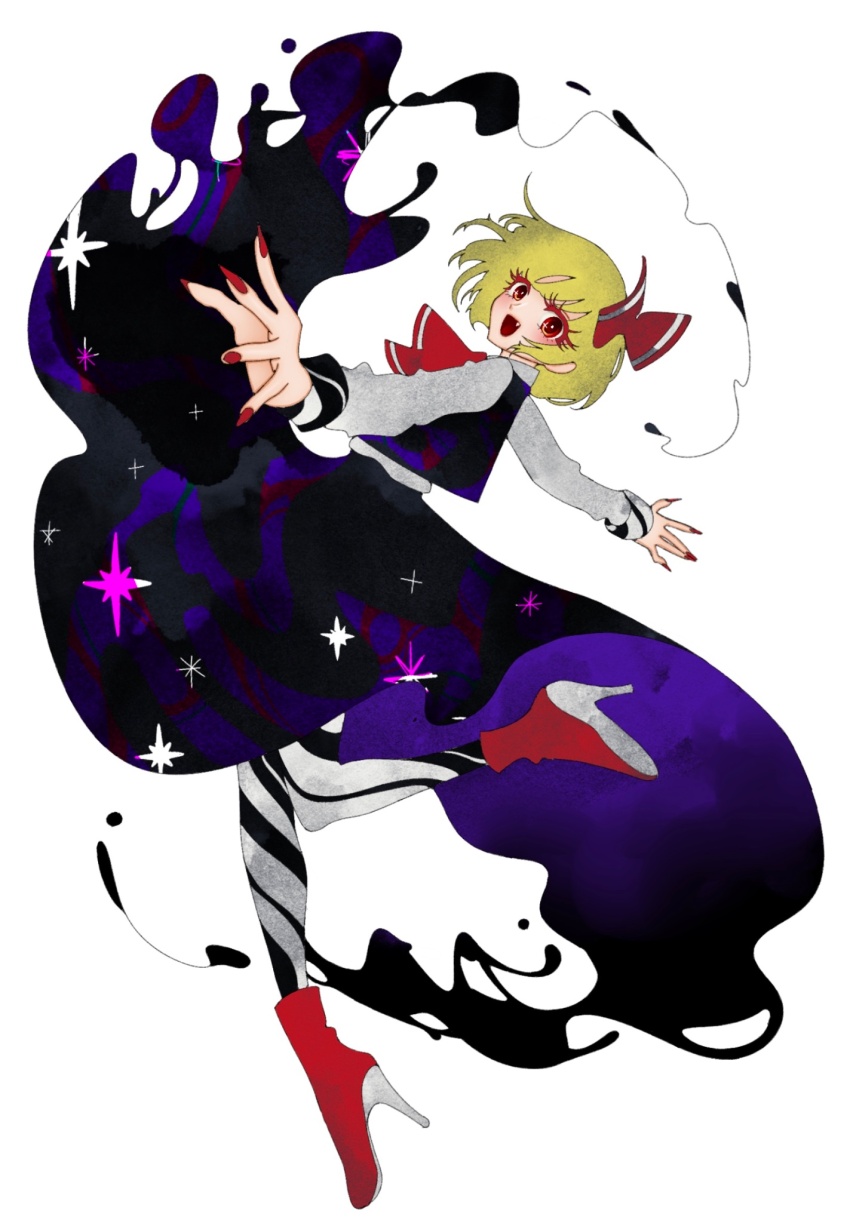 1girl ascot blonde_hair boots commentary_request full_body hair_ribbon high_heels highres long_sleeves looking_at_viewer mememedama10 red_ascot red_boots red_eyes red_nails red_ribbon ribbon rumia short_hair simple_background solo touhou white_background