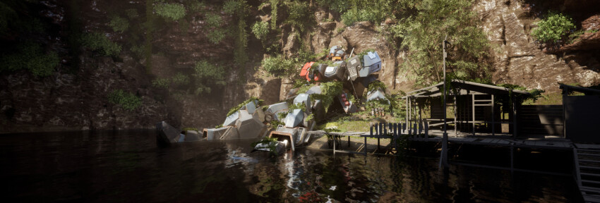 3d abandoned cabin commentary damaged earth_federation emblem english_commentary grass gundam gundam_unicorn highres jesta lake machinery maya_(medium) mecha mobile_suit muthshizuki plant realistic robot roundel science_fiction tree unreal_engine_(medium) water wet wreckage