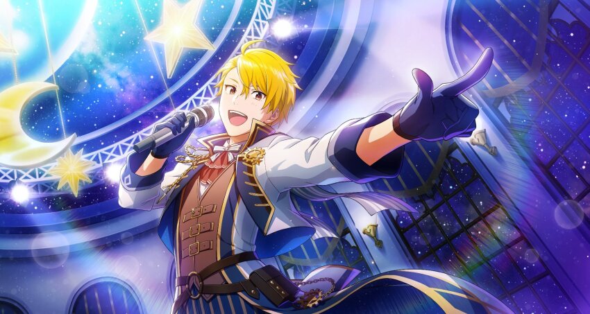 1boy ahoge blonde_hair brown_eyes crescent gloves highres idolmaster idolmaster_side-m idolmaster_side-m_growing_stars looking_at_viewer maita_rui male_focus official_art pointing solo star_(symbol) teeth upper_teeth_only window