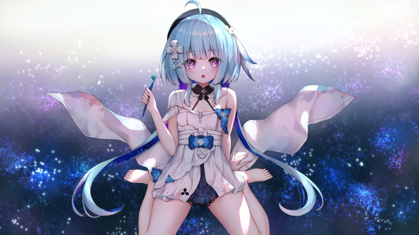 1girl :o absurdres ahoge barefoot beret blue_hair breasts chinese_commentary commentary_request dress feet flower griseo griseo_(starry_impression) hair_flower hair_ornament hat highres holding holding_paintbrush honkai_(series) honkai_impact_3rd paint_on_clothes paintbrush purple_eyes sitting small_breasts thighs toes wariza white_dress yutian_alice