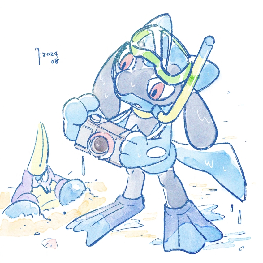 animal_ears beach camera crabrawler flippers full_body gen_4_pokemon gen_7_pokemon goggles highres looking_at_another mei_ford nintendo no_humans open_mouth pokemon pokemon_(creature) red_eyes riolu sand scuba_gear tail wet
