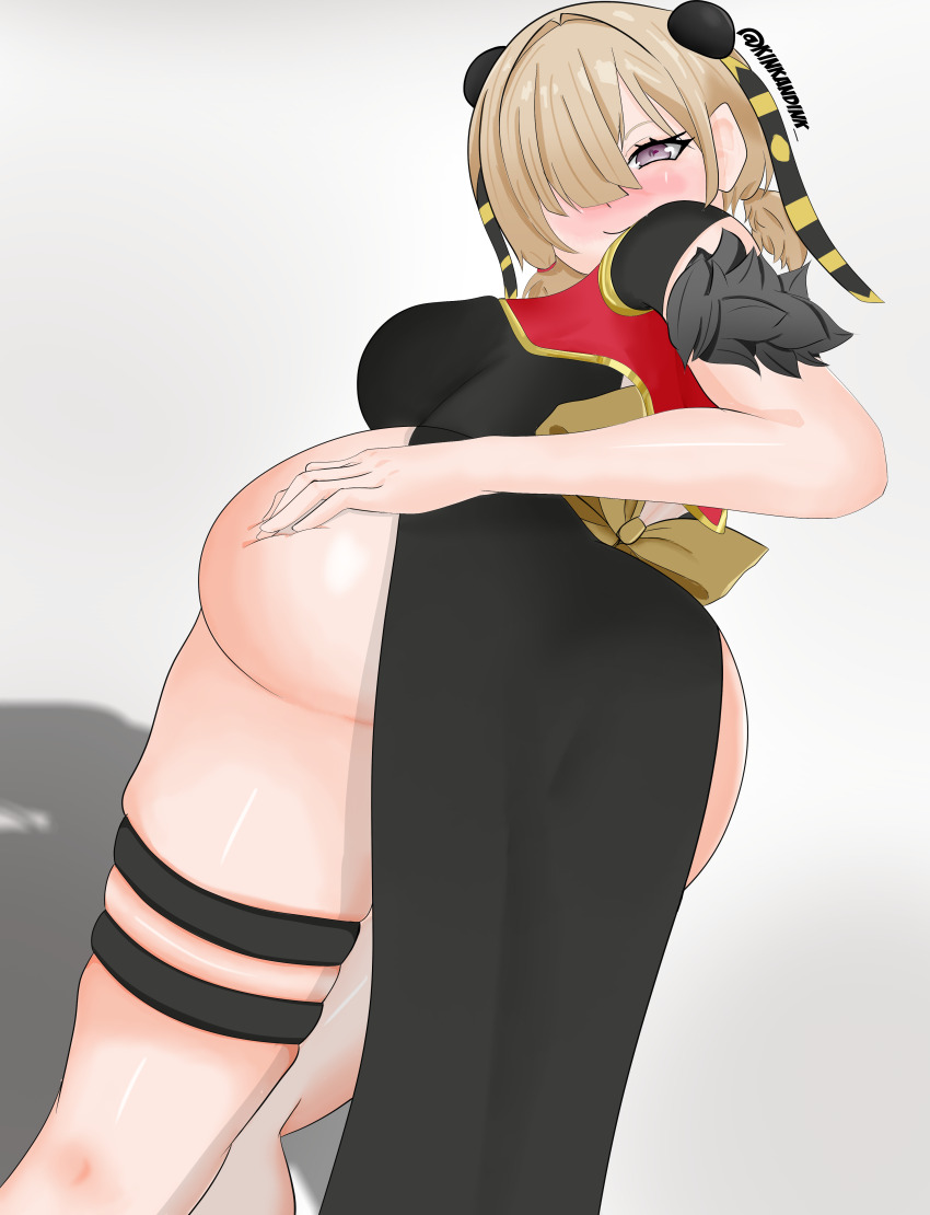 1girl absurdres artist_name ass ass_focus blush breasts brown_hair china_dress chinese_clothes dress from_below highres kinkandink large_breasts looking_at_viewer naughty_face pelvic_curtain purple_eyes solo standing sweety_(zenless_zone_zero) thighs white_background wide_hips zenless_zone_zero