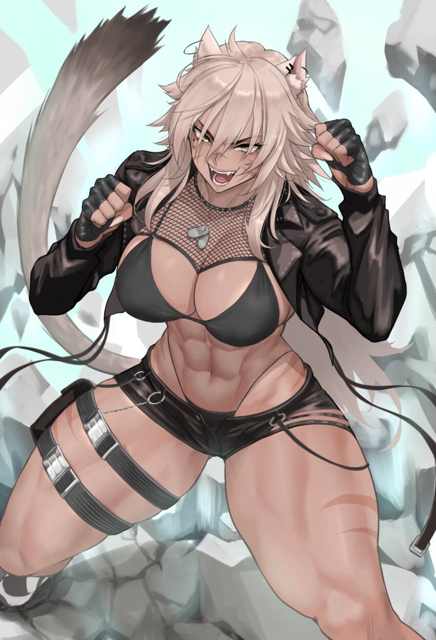 1girl abs anagumasan animal_ears bikini bikini_under_shorts black_bikini black_gloves black_jacket black_shorts breasts broken_ground clenched_teeth commentary commission cropped_jacket curvy dark-skinned_female dark_skin debris dog_tags ear_piercing english_commentary facial_scar fangs fingerless_gloves fishnet_top fishnets gloves grey_hair ground_shatter highleg highres jacket large_breasts long_hair looking_at_viewer micro_shorts mole mole_under_eye muscular muscular_female navel o-ring open_fly open_mouth original piercing scar scar_on_cheek scar_on_face scar_on_leg scar_on_nose second-party_source shorts smile solo stomach swimsuit tail teeth thick_thighs thigh_strap thighs very_long_hair white_footwear yellow_eyes