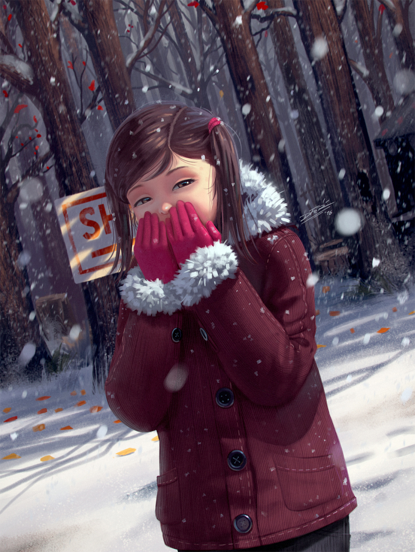 10s 1girl 2016 autumn_leaves black_pants brown_eyes brown_hair covering_own_mouth forest fur-trimmed_jacket fur_trim gloves idfer jacket leaf long_sleeves looking_at_viewer nature original pants red_gloves red_jacket short_hair sign snow standing tree tree_stump twintails