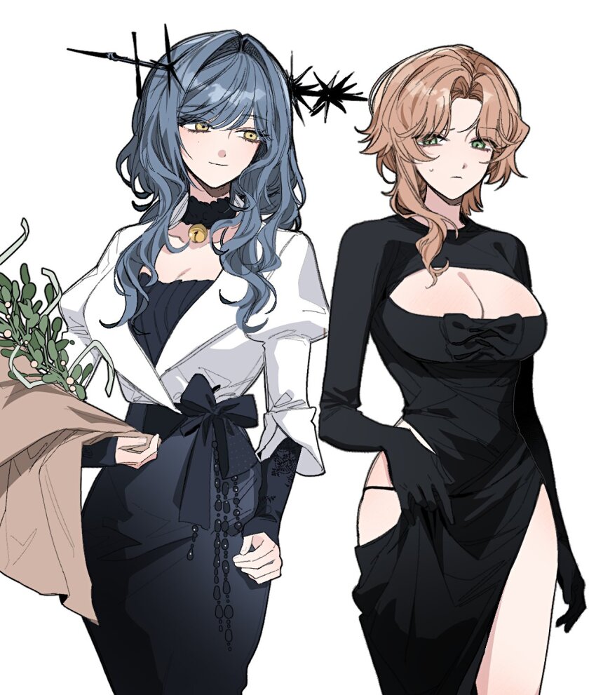 2girls arcana_(reverse:1999) arcard9_9 black_dress blue_hair bouquet breasts brown_hair cleavage commentary_request cosplay costume_switch dress druvis_iii flower green_eyes highres korean_commentary large_breasts long_hair multiple_girls object_through_head puffy_sleeves reverse:1999 simple_background sleeves_past_wrists smile sweatdrop white_background yellow_eyes