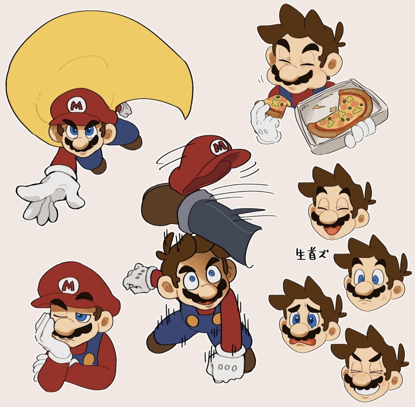 1boy blue_overalls brown_hair cape cape_mario disembodied_head eating facial_hair food gloves hat highres male_focus mario mario_(series) mimimi_(mimimim9999) multiple_persona mustache nintendo overalls pizza shirt short_hair simple_background super_mario_world unworn_hat unworn_headwear