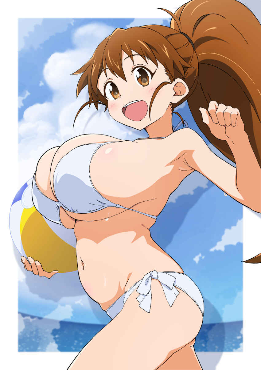 1girl absurdres alluremyth ball beachball bikini blue_sky bouncing_breasts breasts brown_eyes cloud highres large_breasts long_hair navel open_mouth round_teeth side-tie_bikini_bottom sky smile solo swimsuit taneshima_popura teeth upper_teeth_only white_bikini working!!