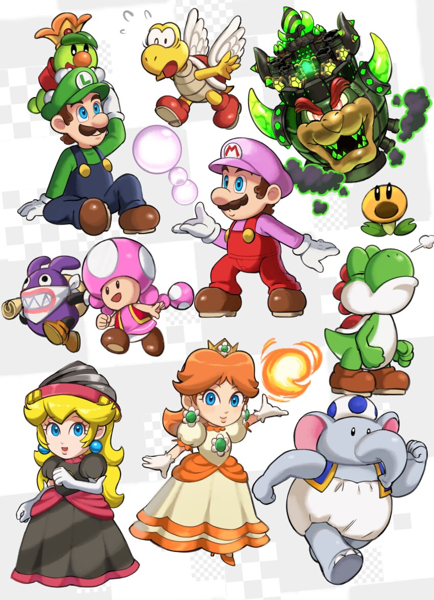 3boys 5boys absurdres blonde_hair blue_eyes blue_toad_(mario) bowser brooch brothers brown_hair bubble bubble_mario castle castle_bowser crown dinosaur dress drill drill_peach earrings elephant elephant_toad elephant_toad_(mario) facial_hair fire fire_daisy flower_brooch flower_earrings gloves grin hat highres horns jewelry koopa_paratroopa long_hair looking_at_viewer luigi mario mario_(series) multiple_boys mustache nabbit nintendo overalls power-up prince_florian princess_daisy princess_peach puffy_short_sleeves puffy_sleeves running sasaki_sakiko shell short_sleeves siblings smile super_mario_bros._wonder talking_flower_(mario) toad_(mario) toadette wings yoshi