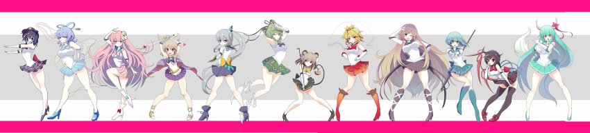 6+girls adapted_costume amisu animal_ears arms_up asymmetrical_wings beret bishoujo_senshi_sailor_moon blush bow bowtie cape closed_umbrella cosplay dowsing_rod elbow_gloves ex-keine full_body gloves hair_ornament hair_rings hair_stick hand_on_own_hip hat hata_no_kokoro heart high_heels highres hijiri_byakuren horn_bow horn_ornament horns houjuu_nue kaku_seiga kamishirasawa_keine lineup long_hair long_image looking_at_viewer mask mask_on_head miniskirt miyako_yoshika mononobe_no_futo mouse_ears multiple_girls nazrin outstretched_arms parody pointy_hair red_bow sailor_senshi sailor_senshi_(cosplay) short_hair skirt smile soga_no_tojiko star_(symbol) tail tatara_kogasa tate_eboshi toramaru_shou touhou toyosatomimi_no_miko tsuki_ni_kawatte_oshioki_yo umbrella unofficial_sailor_senshi_uniform very_long_hair white_gloves wide_image wings